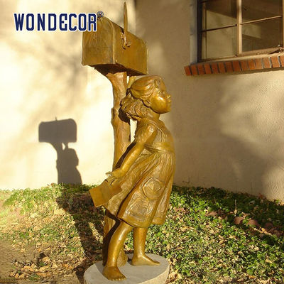 Little Girl Under A Copper Sculpture Metal Decorated Mailbox In Garden Courtyard