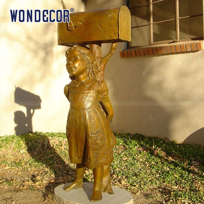 Little Girl Under A Copper Sculpture Metal Decorated Mailbox In Garden Courtyard