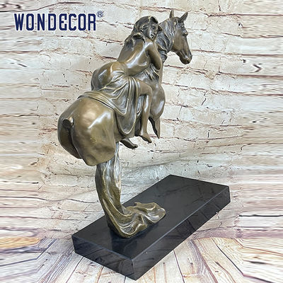 A Copper Sculpture Of A Young Girl On A Large Metal Art Horse Back Outdoors