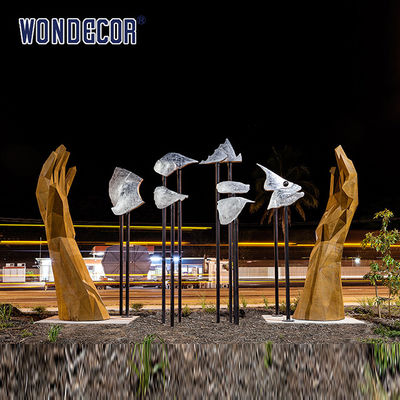 Modern large-scale outdoor abstract geometric hand measurement weather resistant steel sculpture