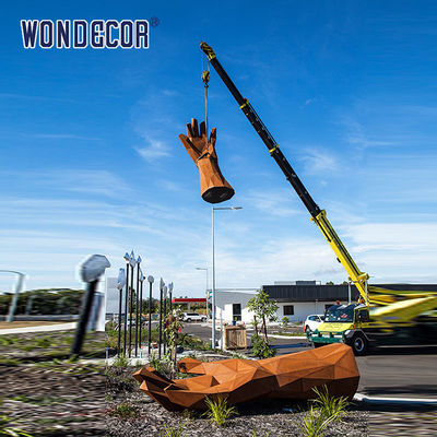 Modern large-scale outdoor abstract geometric hand measurement weather resistant steel sculpture