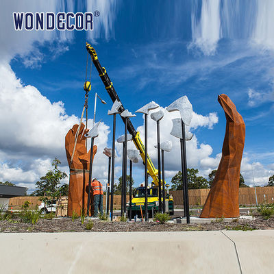 Modern large-scale outdoor abstract geometric hand measurement weather resistant steel sculpture