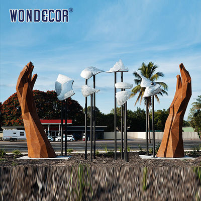 Modern large-scale outdoor abstract geometric hand measurement weather resistant steel sculpture