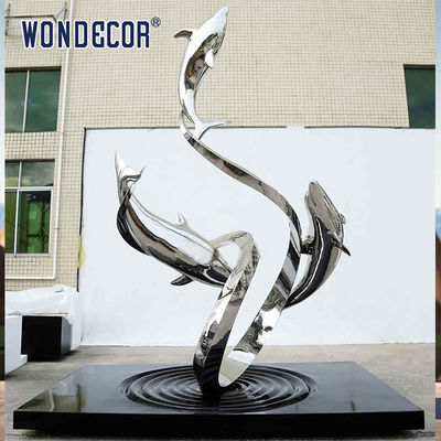 Large outdoor metal art abstract marine animal dolphin and ribbon stainless steel sculpture