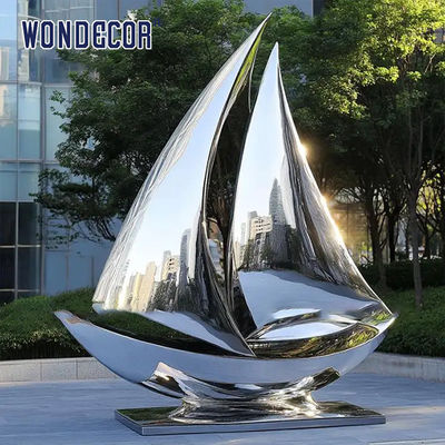 Ocean themed art decoration sculpture mirror stainless steel sailboat sculpture
