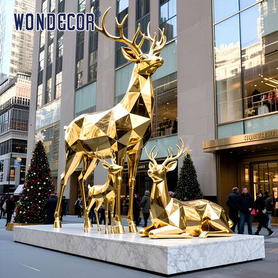 Large Gold‑Plated Stainless Steel Geometric Faceted Deer Family Sculpture for Shopping Mall Festival Outdoor Landscape